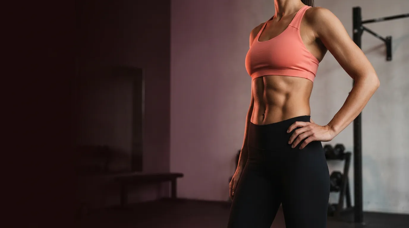 Athletic woman in a coral sports top and black leggings standing in a gym