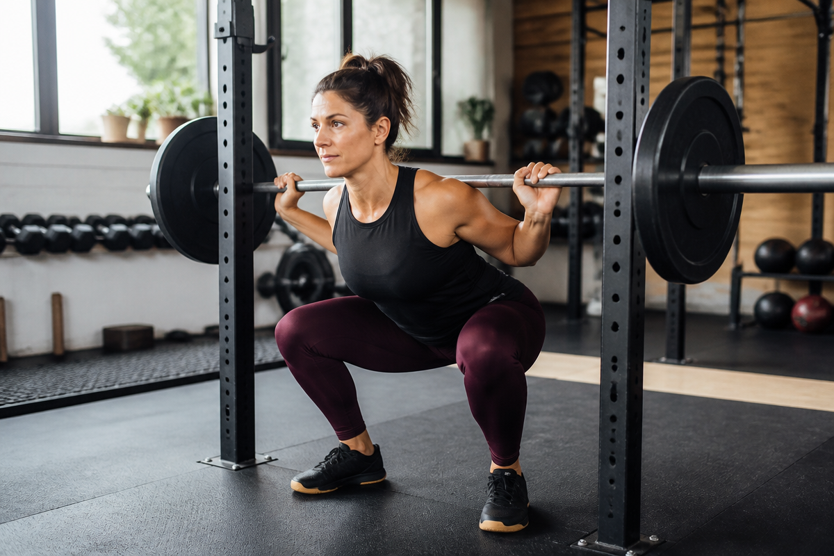 Woman performing a barbell back squat in a gym.