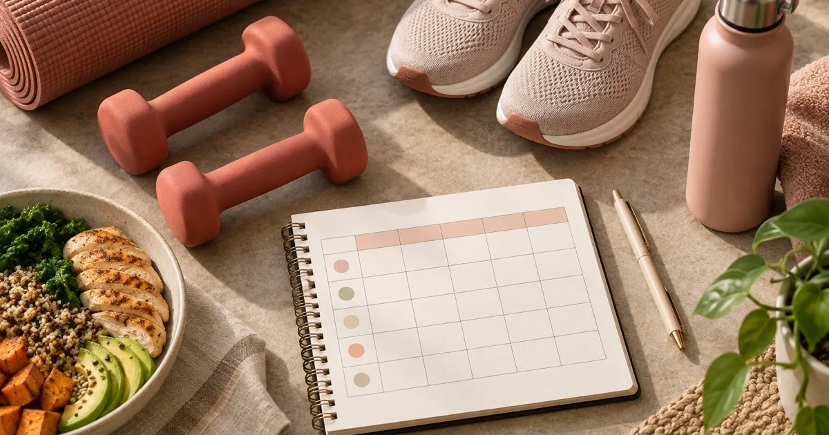 Strength equipment, walking shoes, a balanced meal and a weekly habit tracker.
