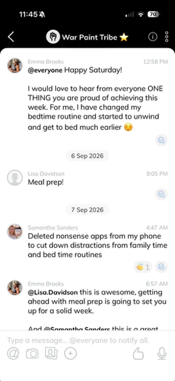 Trainerize demo showing the War Paint Tribe group chat with weekly wins from members