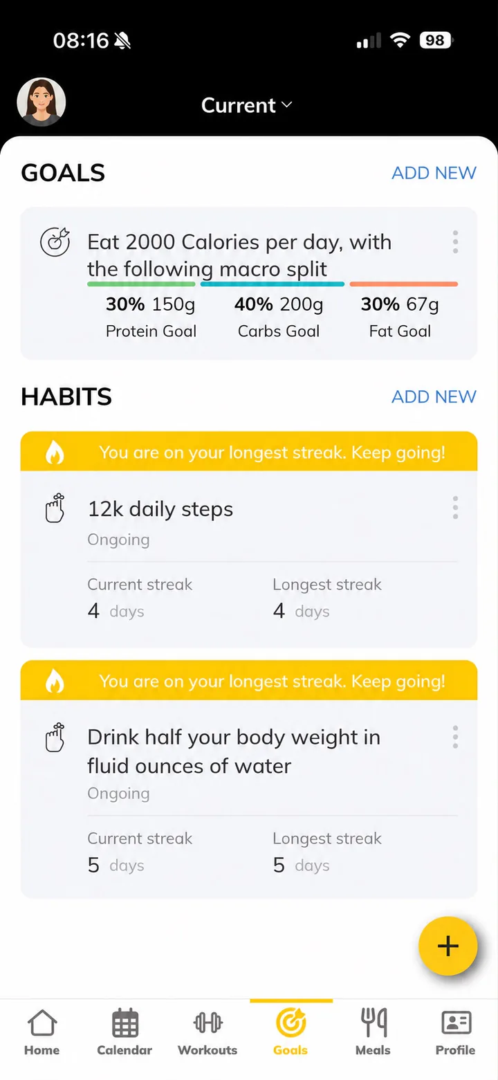 Trainerize demo showing goals and daily habits