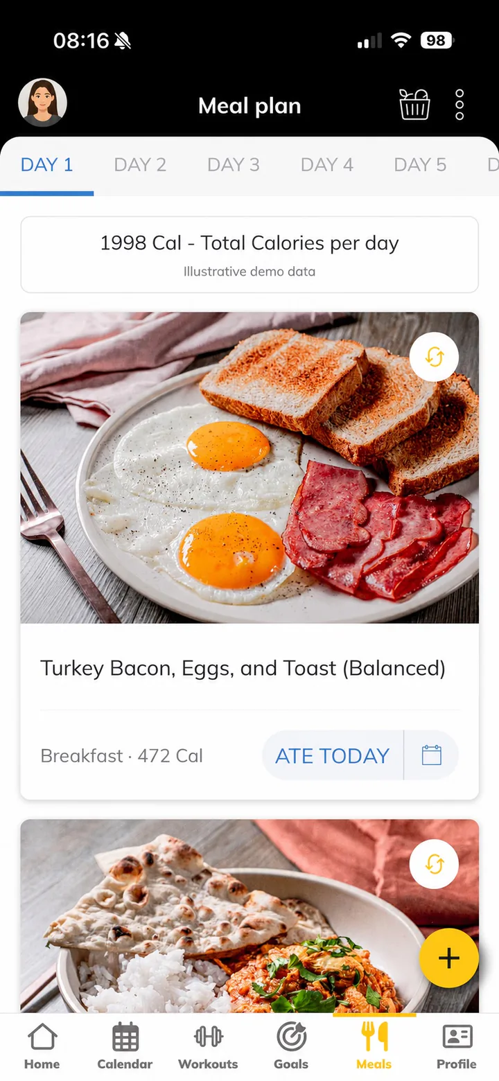 Trainerize demo showing meal ideas and nutrition guidance
