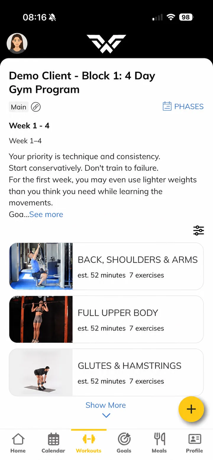 Trainerize demo showing a four-day gym programme